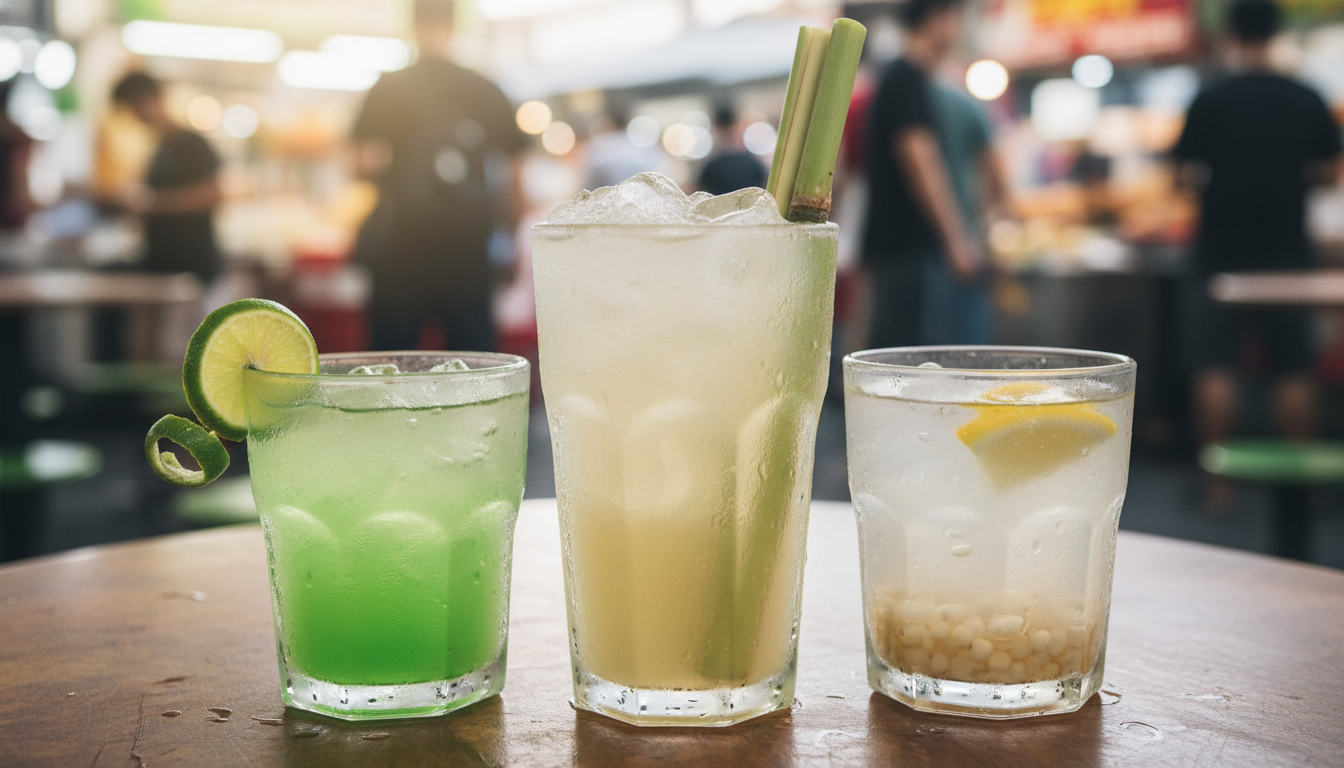 Image: A close-up shot of several refreshing tropical drinks in Singapore. This could include a glass of freshly squeezed sugar cane juice with ice, a vibrant lime juice, and a traditional barley water, all condensation-covered and looking cool and inviting against a blurred background of a bustling street or hawker centre.