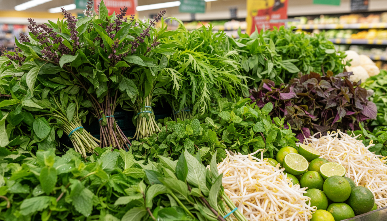 Image: A vibrant display of fresh Vietnamese herbs and produce at an Asian grocery store. Close-up on bundles of Thai basil, sawtooth coriander, mint, perilla leaves, and Vietnamese mint, alongside piles of crisp bean sprouts and bright green limes.