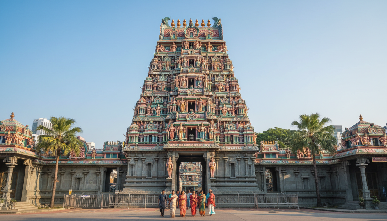 Image: The intricate and brightly colored gopuram (tower entrance) of Sri Mariamman Temple in Singapore, teeming with sculptures of Hindu deities and mythical figures under a clear blue sky, with a few devotees visible in the foreground