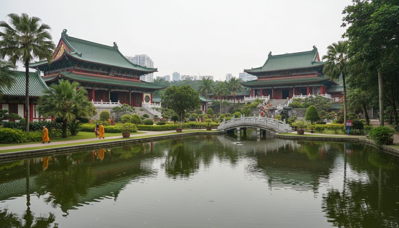 Image: A serene wide shot of Kong Meng San Phor Kark See Monastery in Singapore, showcasing its grand halls with traditional Chinese roofs, lush green gardens, and a tranquil pond, under a soft, diffused light, evoking a sense of peace and contemplation