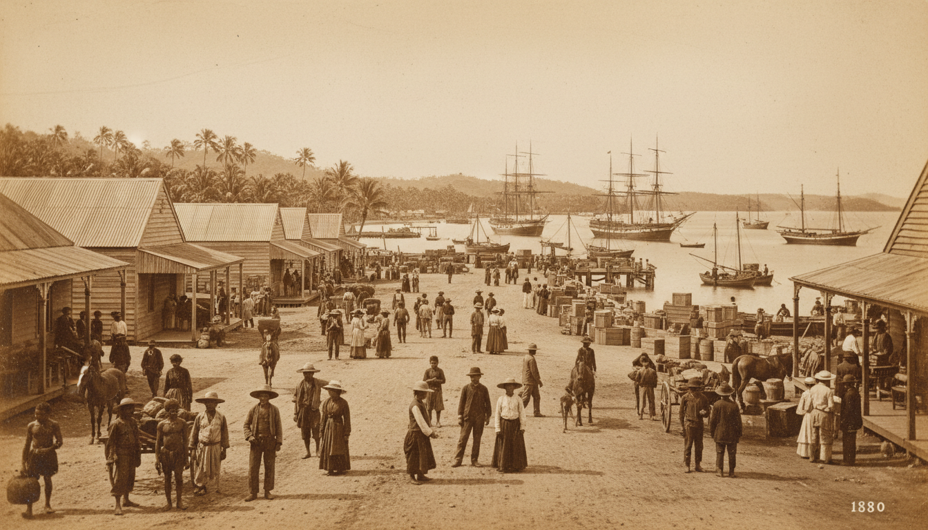 Image: A sepia-toned historical photograph of early Darwin settlement around the 1880s, showing wooden buildings, a bustling port with sailing ships, and diverse people on unpaved streets under a tropical sky.