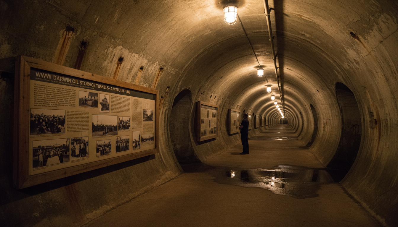 Image: A solemn and respectful view inside the WWII Oil Storage Tunnels in Darwin, showing the dimly lit, cavernous concrete tunnels with historical information panels and perhaps a silhouette of a visitor.