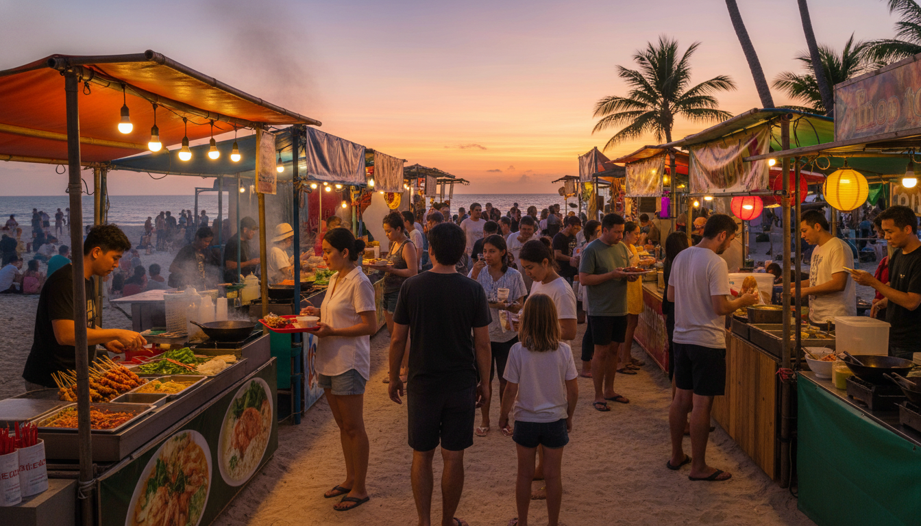 Image: A vibrant, bustling scene at Mindil Beach Sunset Market in Darwin at dusk, with diverse food stalls selling various Asian cuisines (e.g., satay, laksa, pho), warm lighting, many people enjoying food and drinks, and the sunset hues in the background.