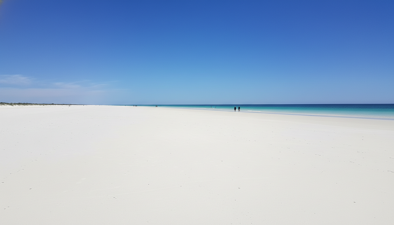 Image: A wide panoramic shot of Cable Beach at midday, showing pristine white sand stretching into the distance, turquoise Indian Ocean waters, and a clear blue sky. A few people are walking far in the distance, emphasizing the vastness.