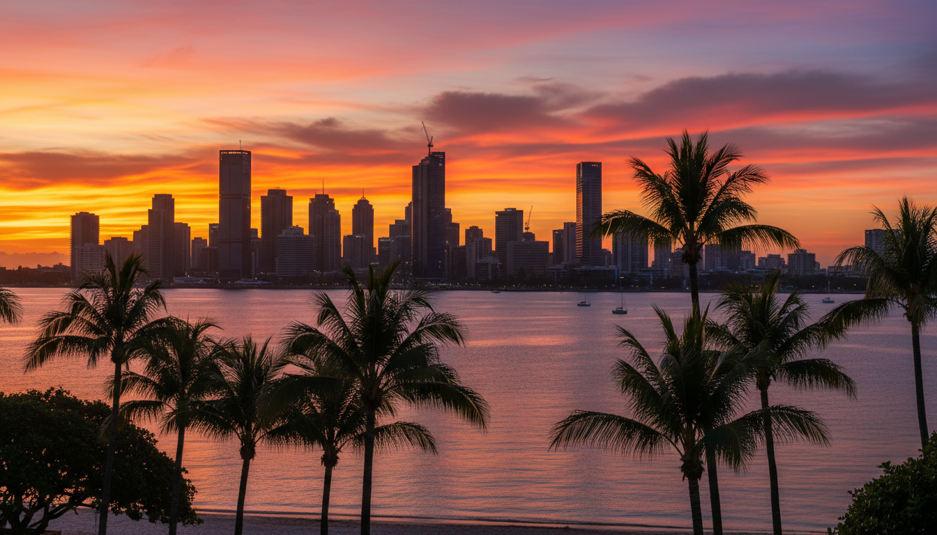 Image: A panoramic view of the Darwin city skyline at sunset, with the vibrant colors of the sky reflecting on the Timor Sea, and the outline of palm trees in the foreground, hinting at tropical adventures