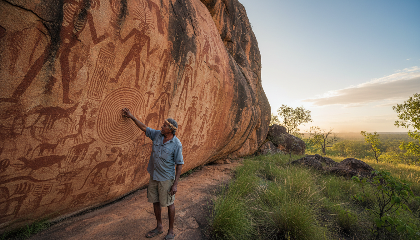 Image: An ancient Aboriginal rock art site at Nourlangie (Burrungkuy) in Kakadu National Park, showing detailed depictions of ancestral spirits and animals, with a local Indigenous guide respectfully pointing to an important detail, bathed in the soft morning light.