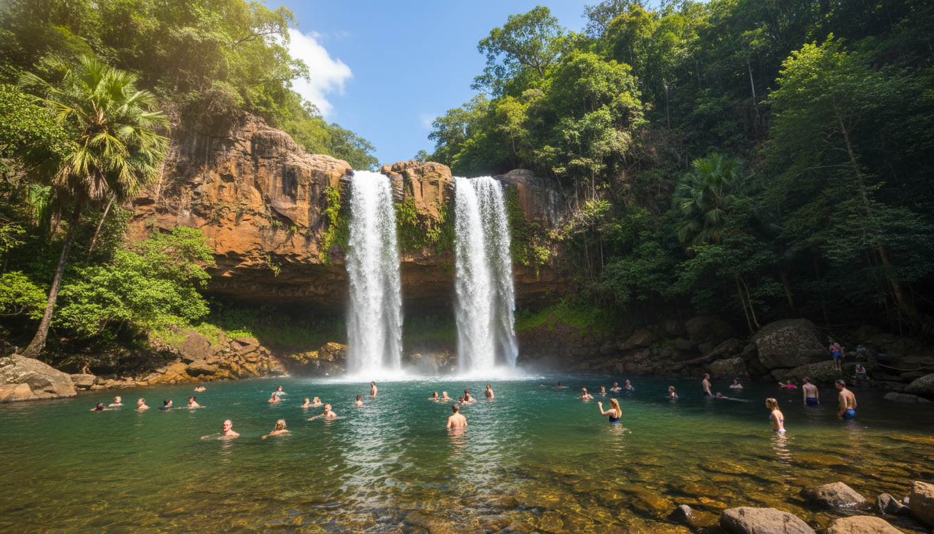 Image: A vibrant scene at Florence Falls in Litchfield National Park, with a powerful double-plunge waterfall cascading into a clear, inviting swimming hole. People are seen enjoying a refreshing swim, with lush green monsoon rainforest framing the falls under a bright blue sky.
