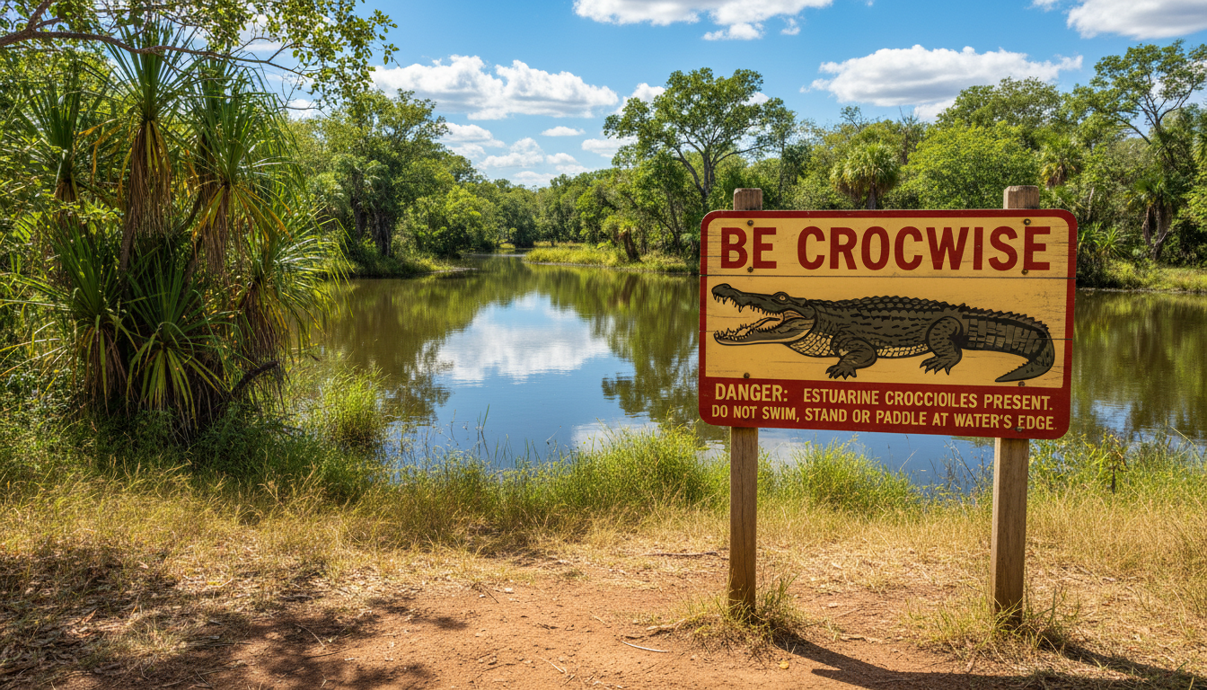 Image: A prominent "BE CROCWISE" safety sign at the edge of a serene but potentially dangerous billabong in Kakadu National Park, with clear, striking text and a graphic of a saltwater crocodile. The background shows lush, tropical vegetation and still water under a bright, sunny sky.