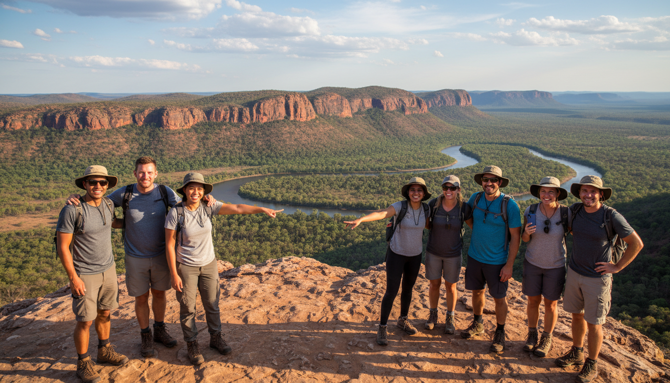 Image: A diverse group of travelers, including some of Vietnamese-Australian descent, standing together at a scenic lookout point in Kakadu National Park, overlooking a vast, rugged landscape with an escarpment in the distance and a winding river below. They are smiling and engaged, pointing towards the horizon, symbolizing shared discovery and connection.