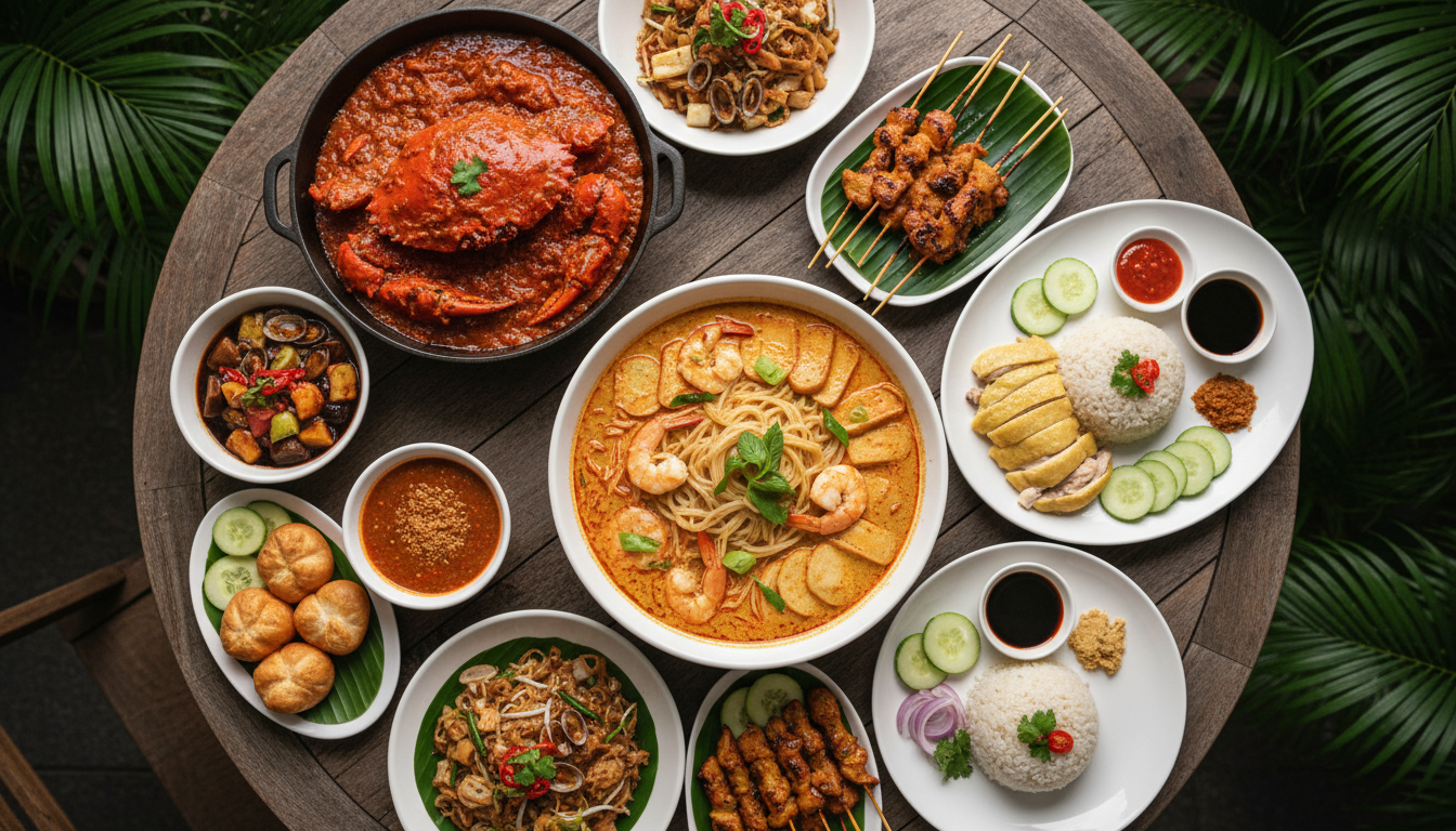 Image: A vibrant, overhead shot of a diverse spread of famous Singaporean dishes on a wooden table, including Laksa, Hainanese Chicken Rice, Chili Crab, and Satay. The setting is bright and inviting, showcasing rich colors and textures, with subtle hints of tropical foliage in the background.