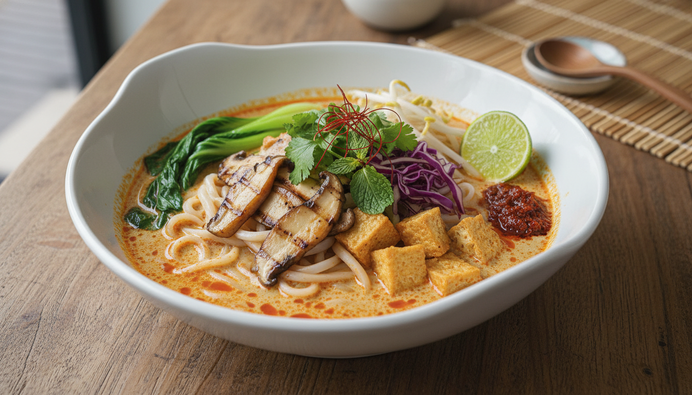 Image: A beautifully plated, vibrant plant-based version of a famous Singaporean dish, perhaps a vegan Laksa with rich coconut broth and colorful toppings, or a mushroom-based 'Hainanese Chicken Rice'. The dish is presented in a modern, elegant style, emphasizing freshness and artistry, with natural light.