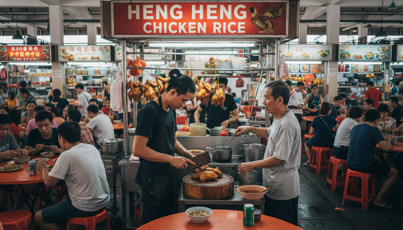 Image: A bustling, vibrant hawker center in Singapore during lunchtime, with diverse crowds enjoying meals. Focus on a specific stall where a younger hawker is passionately preparing food, possibly alongside an older mentor, showcasing the intergenerational transfer of culinary knowledge. The atmosphere is lively and authentic.