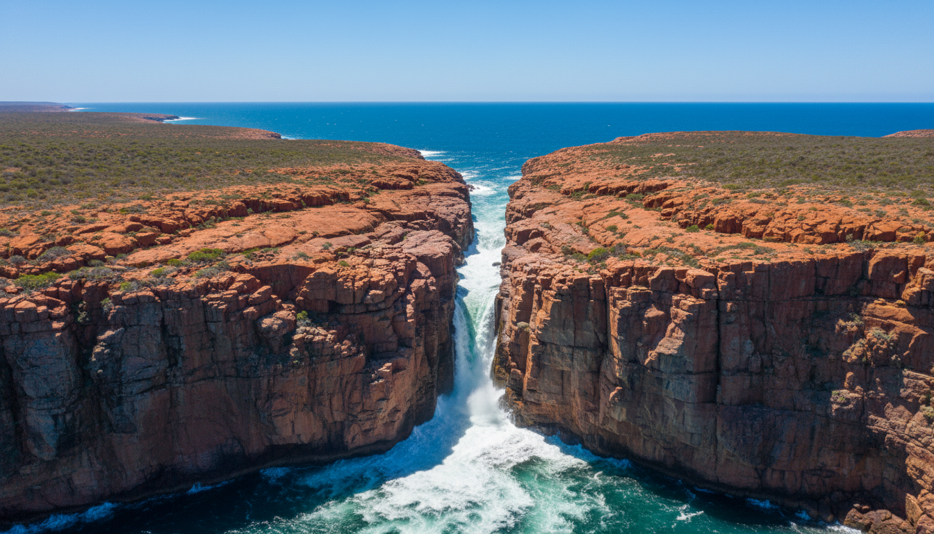 Image: A breathtaking aerial view of the Horizontal Falls in Talbot Bay, Kimberley, Western Australia, showing two narrow gorges with powerful turquoise water rushing horizontally, surrounded by ancient red rock cliffs under a clear blue sky.