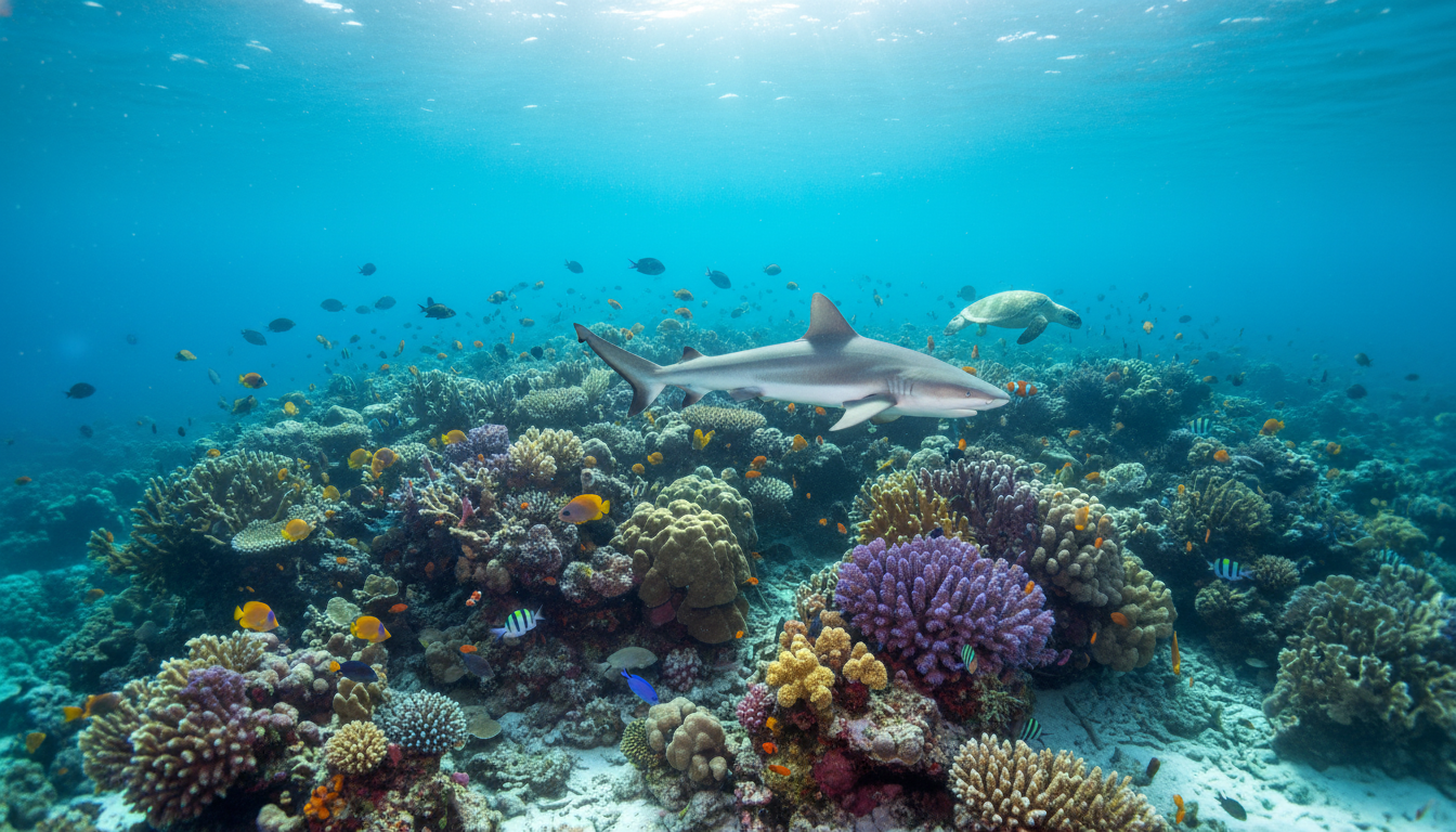 Image: A vibrant underwater scene in Talbot Bay, Western Australia, showcasing diverse marine life including colourful fish, a grey reef shark, and intricate coral formations, all thriving in clear, sunlit water.