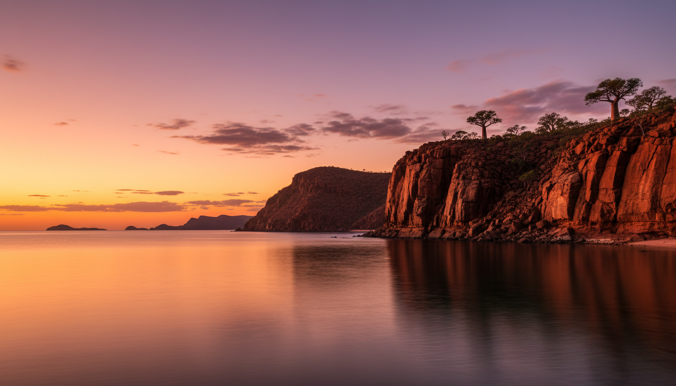 Image: A panoramic sunset over the rugged Kimberley coastline, with ancient red cliffs silhouetted against a sky ablaze with orange, pink, and purple hues, reflecting faintly on the calm waters of a pristine bay.