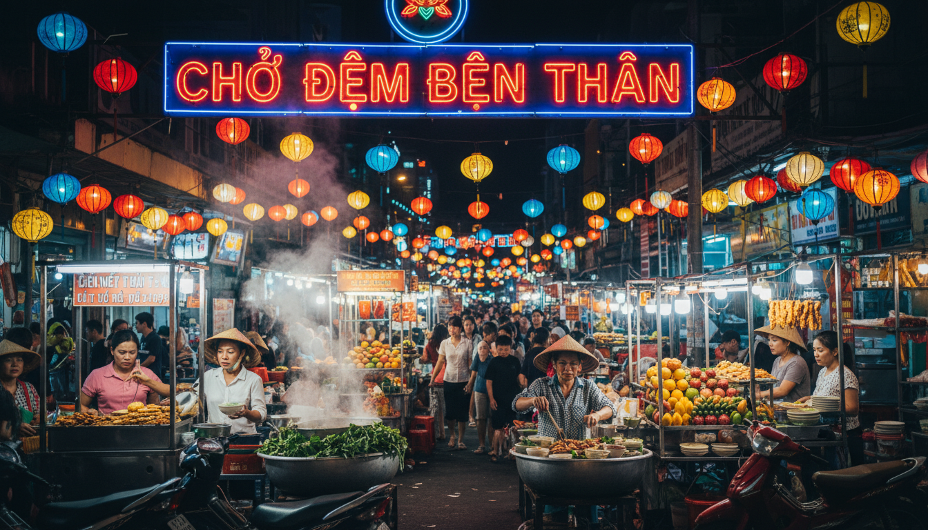 Image: A vibrant, bustling night market in Ho Chi Minh City, Vietnam, with neon lights, food stalls, and a diverse crowd. The scene should evoke a sense of energy and cultural richness, with specific details like steaming pho bowls or colorful lanterns.