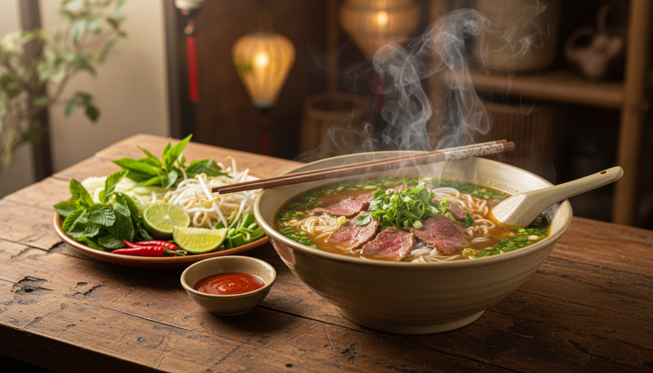 Image: A beautifully crafted bowl of Vietnamese Pho with all its garnishes, steaming gently, presented on a rustic wooden table in a traditional setting. The image should evoke warmth, comfort, and authenticity.
