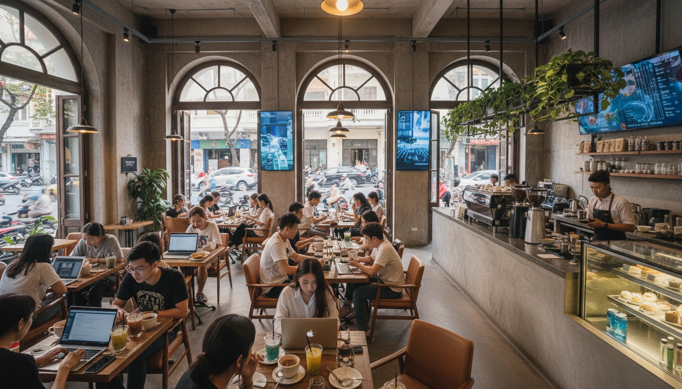 Image: A bustling, modern coffee shop in Ho Chi Minh City, full of young people working on laptops and chatting. The atmosphere should be vibrant and contemporary, reflecting digital connectivity and urban life.