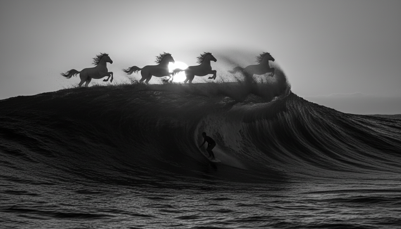Image: A dramatic black and white image of a lone surfer silhouetted against a massive, dark wave with white foam cresting, resembling galloping white horses. The scene is powerful and moody.