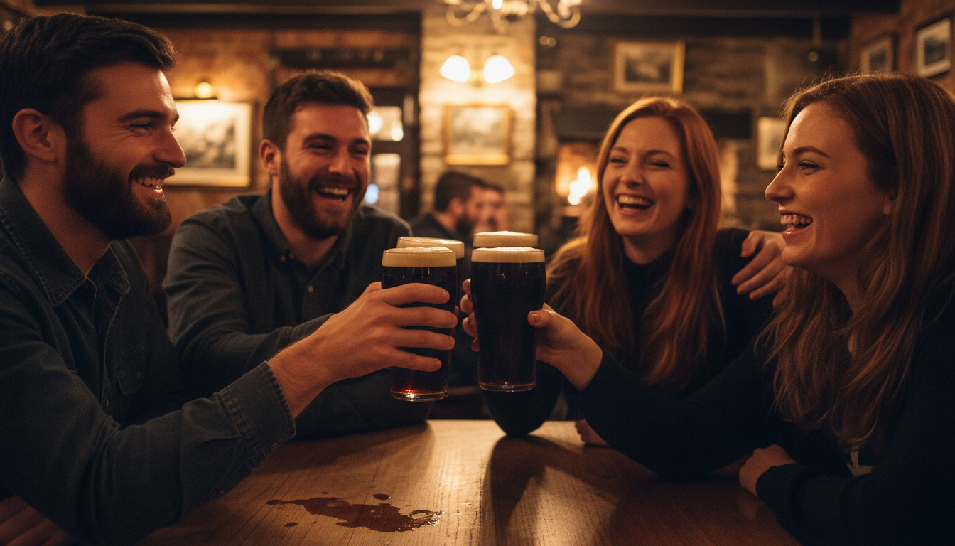 Image: A warm, inviting scene inside a traditional Irish pub. Friends are laughing, clinking glasses of Guinness, with soft lighting and a blurred background suggesting a lively atmosphere. Focus on genuine human connection.