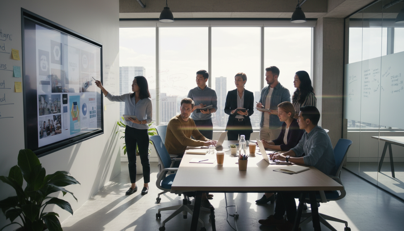 Image: A diverse group of marketing professionals in a modern, brightly lit office, collaborating intensely around a large screen displaying creative concepts. The atmosphere is dynamic and innovative, reflecting strategic planning and creative ideation.