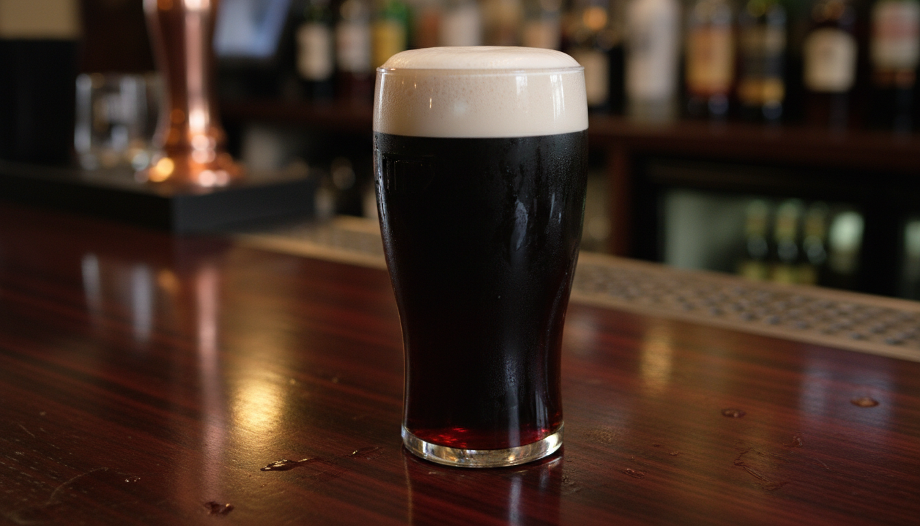 Image: A perfectly poured pint of Guinness on a dark, polished wooden bar, with a creamy white head contrasted against the dark stout. The focus is on the smooth texture and iconic appearance, suggesting quality and anticipation.