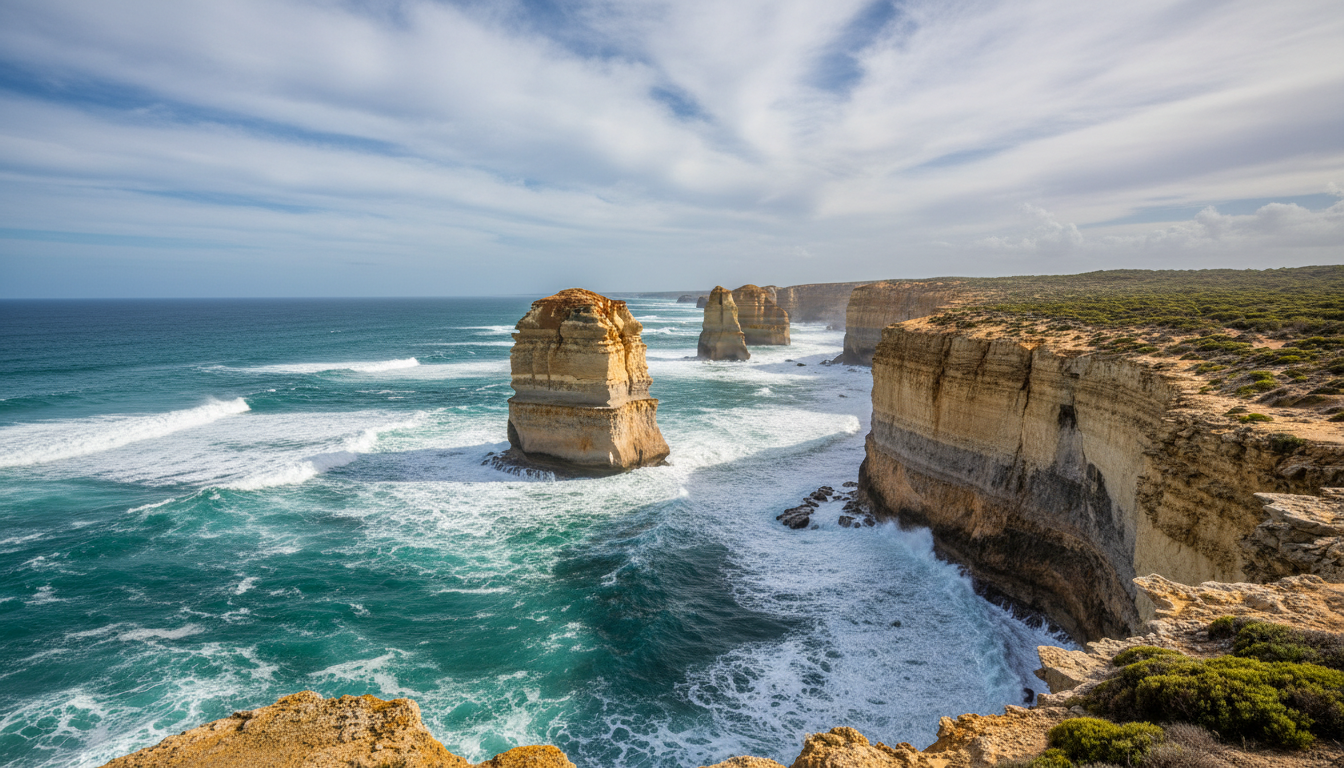 Image: A dramatic landscape shot of the rugged coastline of the Eyre Peninsula, featuring towering limestone cliffs plunging into the turquoise ocean, with waves crashing against the shore under a vast, partly cloudy sky, hinting at untouched wilderness.