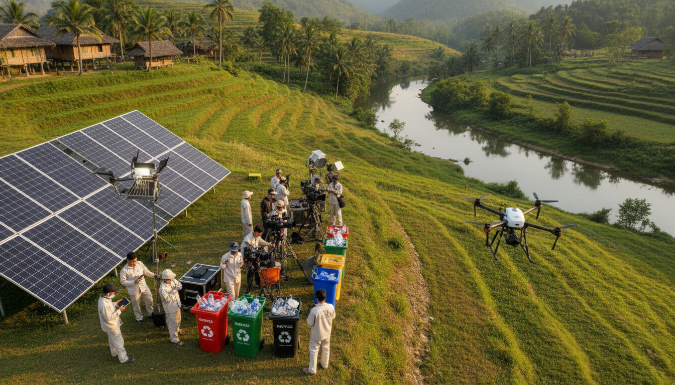 Image: A vibrant, eco-friendly video production set in a lush Vietnamese landscape, with solar panels powering equipment, crew members sorting waste into recycling bins, and a drone capturing aerial footage over a clean river. The atmosphere is professional and environmentally conscious.