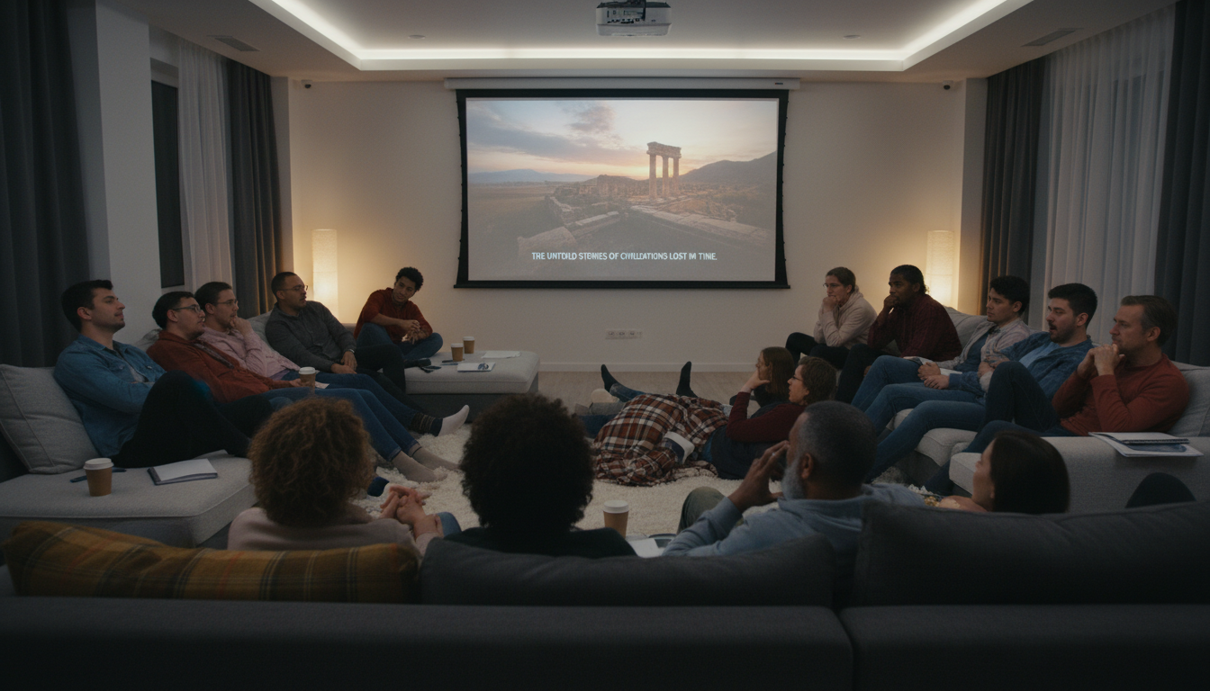 Image: A diverse group of people from different backgrounds engrossed in watching a long-form documentary on a large screen, their faces reflecting deep emotion, curiosity, and engagement. The setting is cozy yet modern, emphasizing the immersive viewing experience.