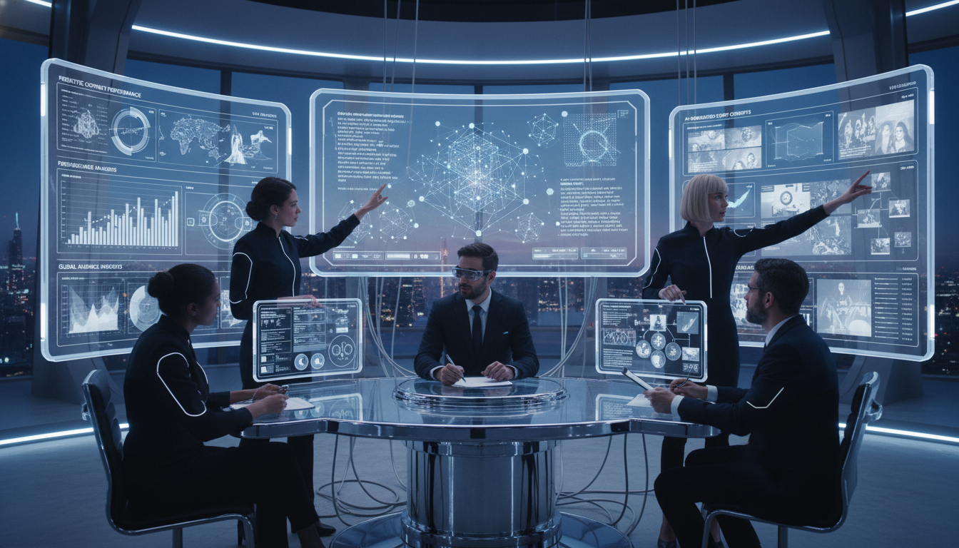Image: A futuristic control room with multiple screens displaying complex data visualizations, graphs, and predictive models related to video content performance. A diverse team of data scientists and creative directors are collaborating, pointing at screens and discussing strategies, emphasizing the synergy between AI and human insight.