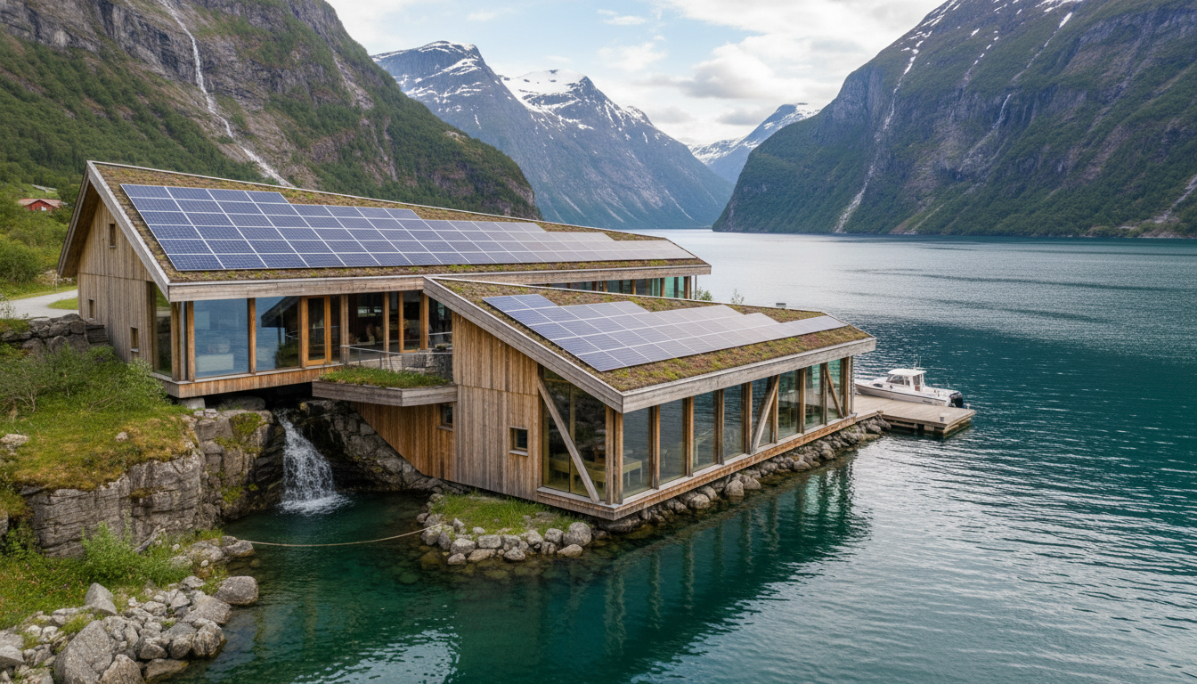 Image: A serene landscape depicting a modern, sustainably designed building seamlessly integrated into a Norwegian fjord environment, with solar panels and natural wood elements.