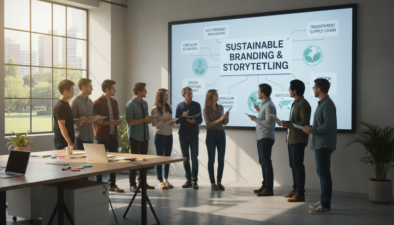 Image: A diverse team of marketing and creative professionals collaborating in a modern, brightly lit office, brainstorming ideas on a large digital whiteboard displaying concepts related to sustainable branding and storytelling.