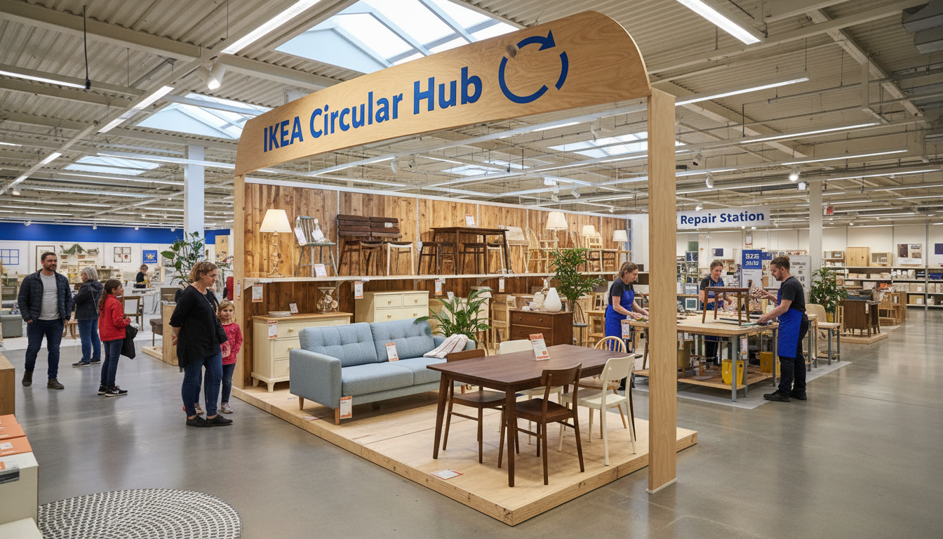Image: An inviting, brightly lit IKEA store interior with a dedicated "Circular Hub" section, showcasing beautifully arranged second-hand furniture and a repair station, with diverse customers browsing and interacting.