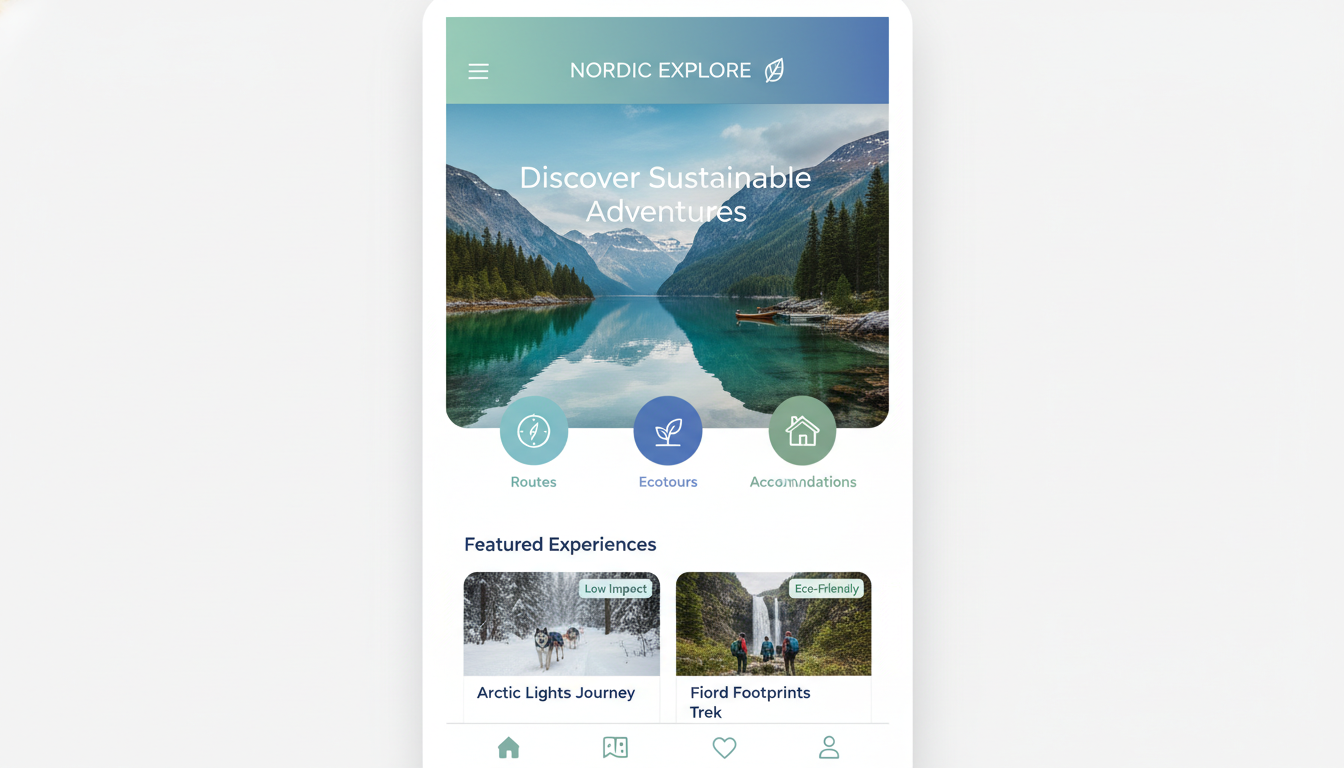 Image: A clean, modern digital interface for an eco-tourism app, featuring minimalist design, a soothing color palette of blues and greens, intuitive navigation, and high-quality photography of a serene Nordic landscape.