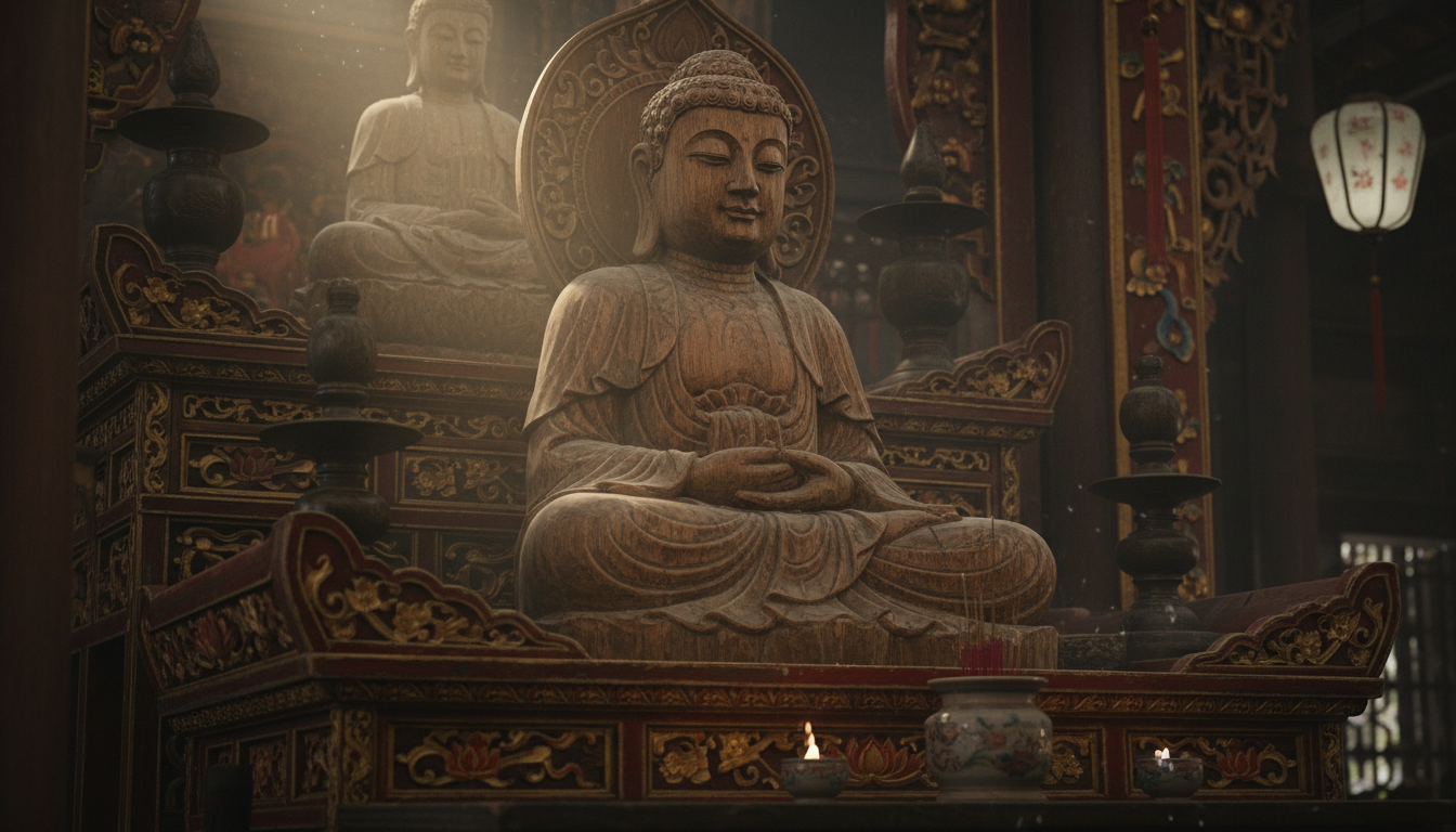 Image: A close-up of an ancient, intricately carved wooden Buddha statue inside a dimly lit pagoda, with soft light illuminating its serene face. Details of traditional Vietnamese decorative patterns are visible on the surrounding altar.
