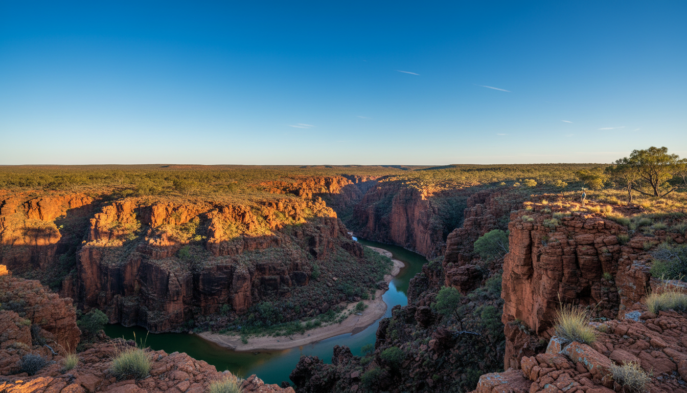 Image: A breathtaking panoramic view from Oxer Lookout in Karijini National Park, Western Australia, showing the dramatic confluence of four deep red gorges (Weano, Red, Hancock, and Joffre). The sunlight highlights the layered iron-rich rock formations and the immense scale of the ancient landscape under a clear blue sky.