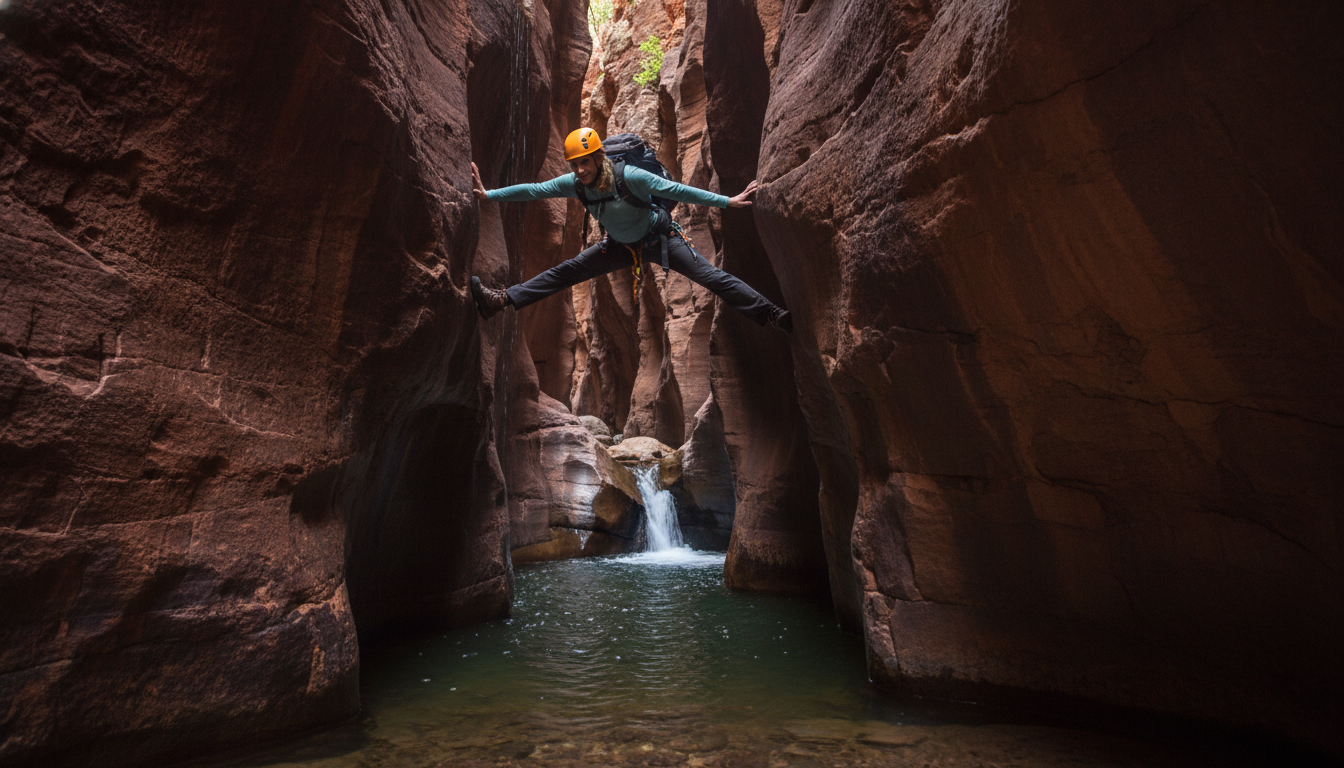 Image: An adventurous person performing the 'Spider Walk' within the narrow, deep red rock walls of Hancock Gorge in Karijini National Park, Western Australia. The person is bracing themselves across the chasm with hands and feet on opposite walls, with cool, dark water flowing below. The light is dim, highlighting the ancient, textured rock.
