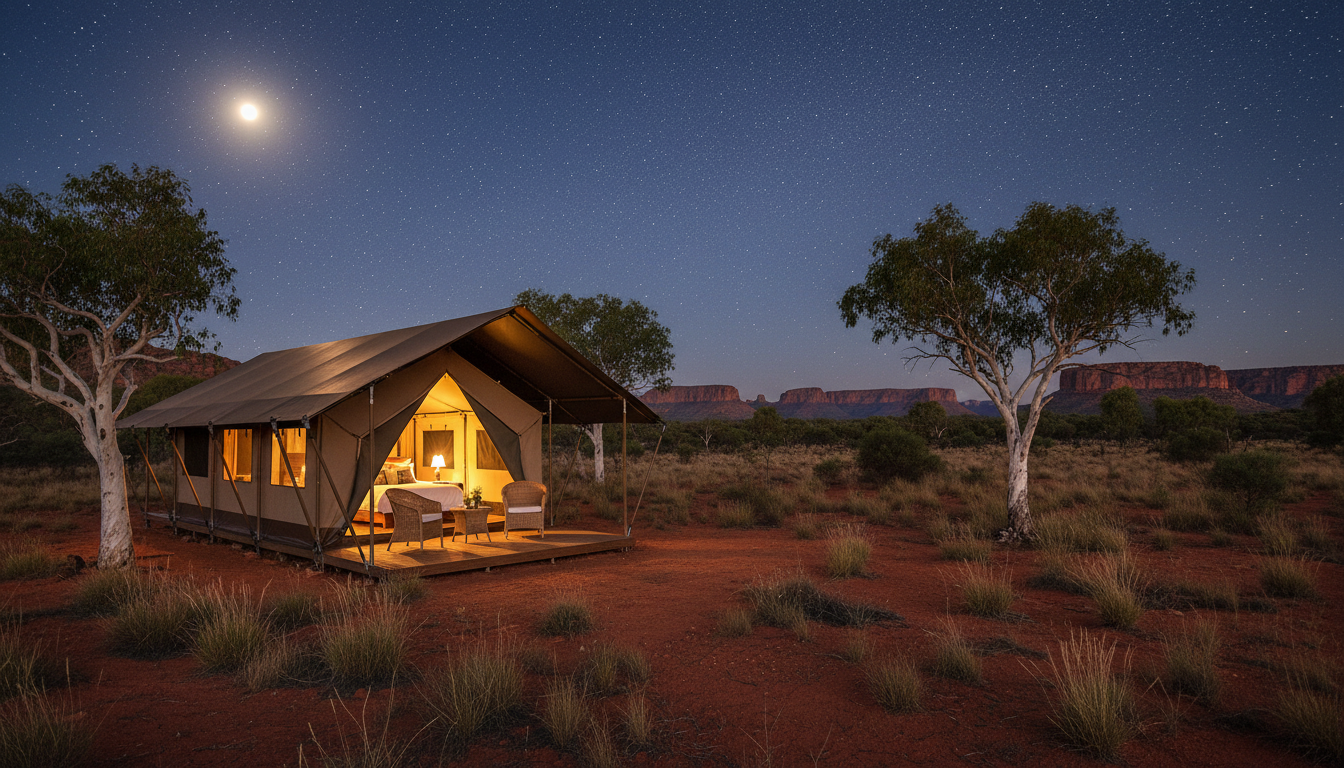 Image: A luxurious safari-style glamping tent at Karijini Eco Retreat, nestled amongst sparse Australian bushland, with the red earth characteristic of Karijini National Park. The tent has a private deck and looks inviting, with the warm glow of evening light illuminating it under a clear, starlit sky.