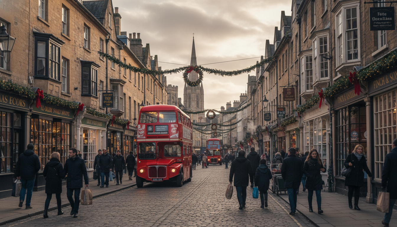 Image: A bustling, iconic high street in a historic British city, with traditional shopfronts adorned with subtle festive decorations and a red double-decker bus passing by. The sky is slightly overcast but the overall mood is inviting and warm.