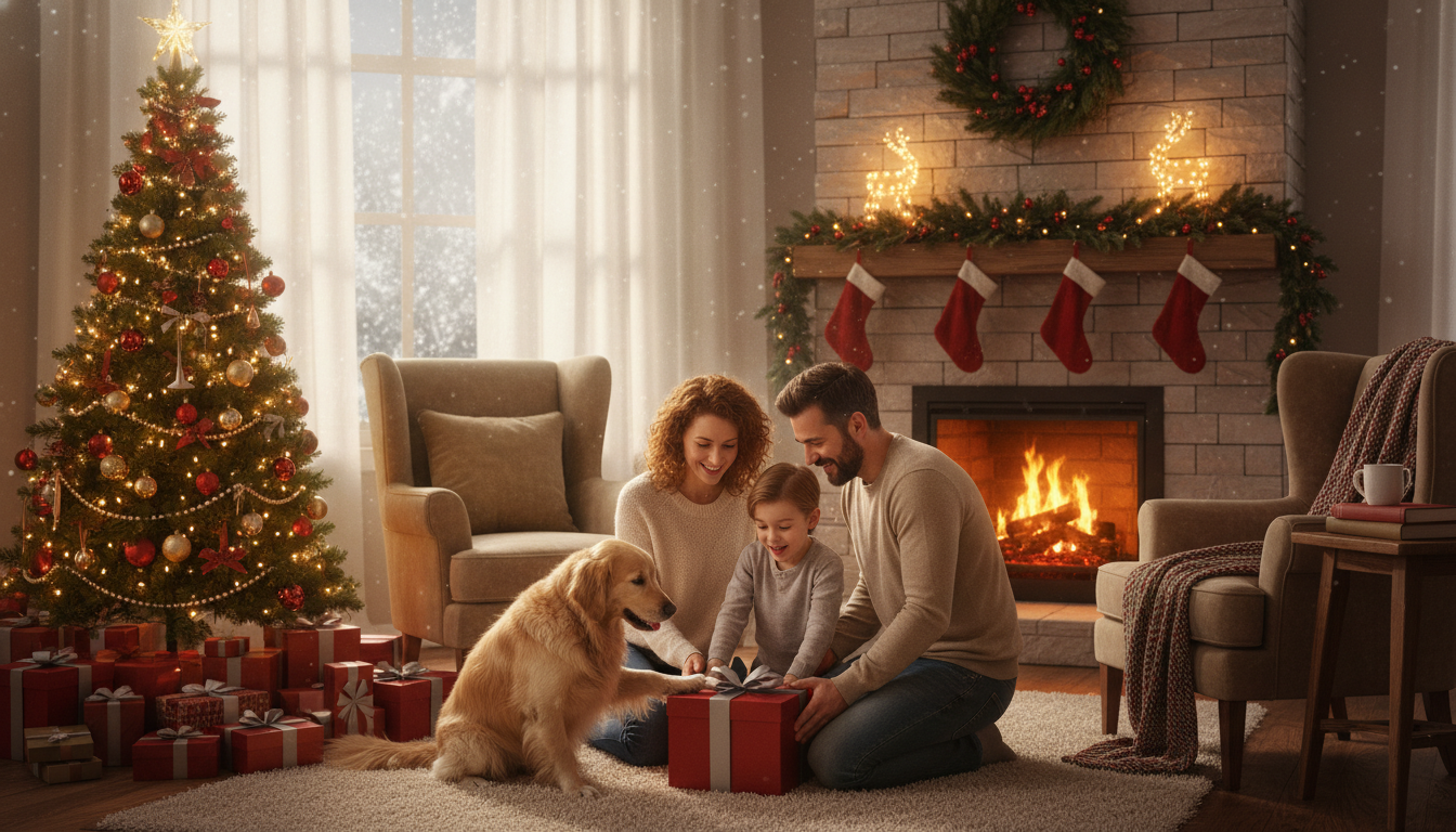 Image: A cozy, warmly lit living room on Christmas morning, with a beautifully decorated Christmas tree sparkling in the corner. A family (parents and a child) are gathered around a wrapped gift, with expressions of genuine joy and anticipation. A Golden Retriever dog is playfully looking at the gift.
