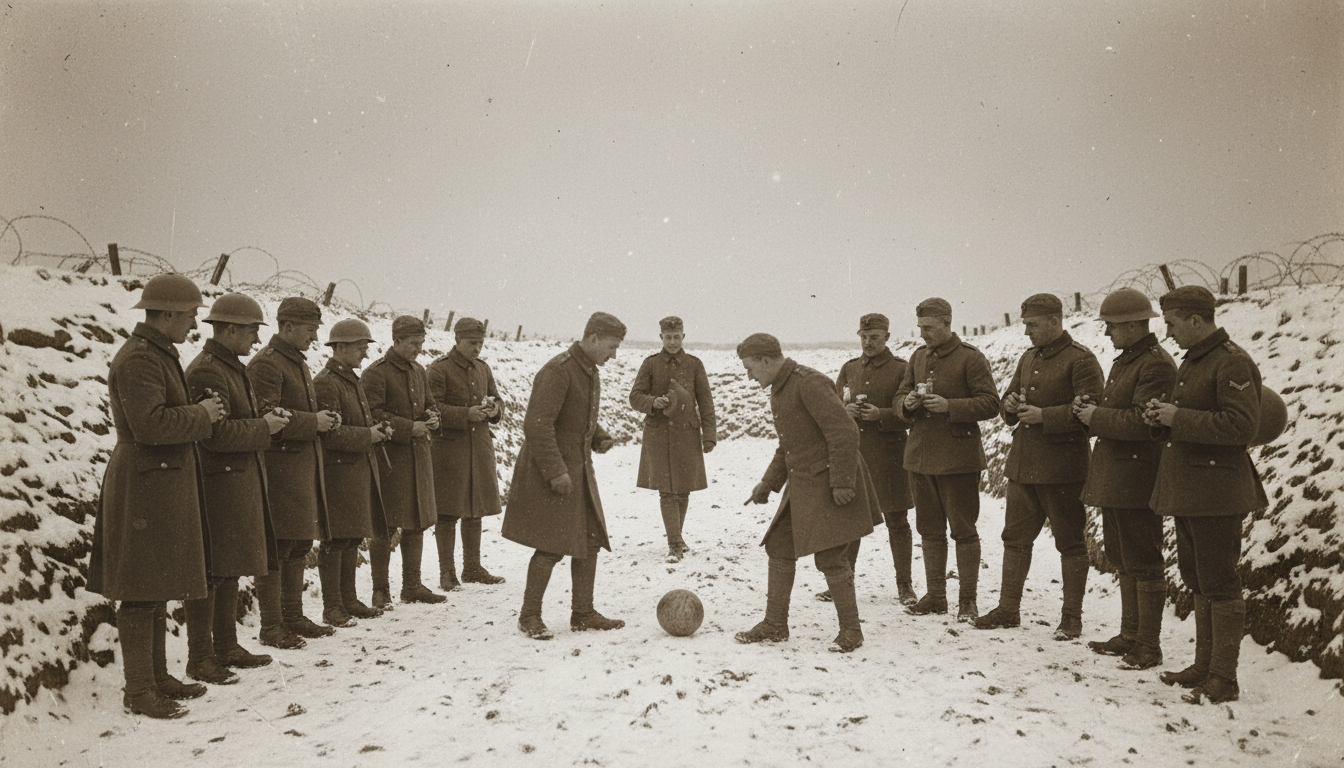 Image: A poignant and historically accurate depiction of the Christmas Truce of 1914. British and German soldiers are seen cautiously interacting in no-man