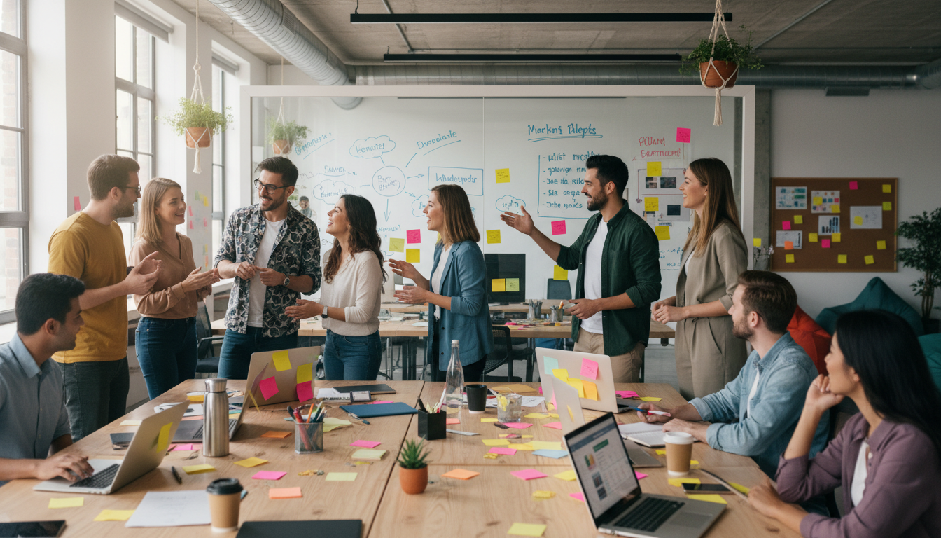 Image: A dynamic and diverse team of marketing and creative professionals collaborating in a modern, open-plan office. They are brainstorming ideas on a whiteboard, looking engaged and enthusiastic, with laptops open and colorful Post-it notes everywhere. The atmosphere is innovative and inspiring.
