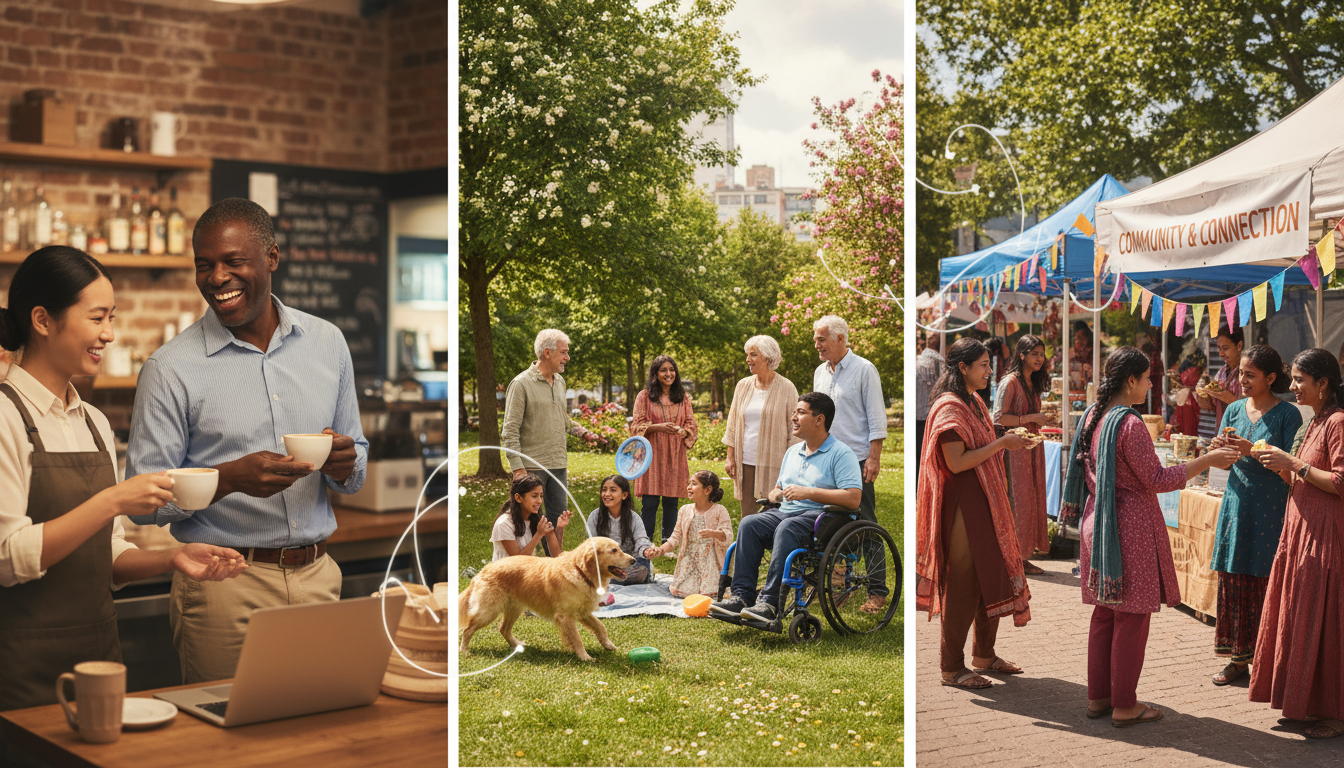Image: A diverse group of people from different walks of life are smiling and interacting positively in various settings – a coffee shop, a park, a community event. The overall mood is one of connection, happiness, and shared experience, symbolizing lasting customer relationships.