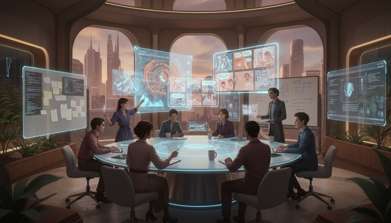 Image: A futuristic yet warm studio environment where a diverse group of creatives (human) are collaborating with holographic projections of AI-generated storyboards and data visualizations, blending traditional and cutting-edge tools.