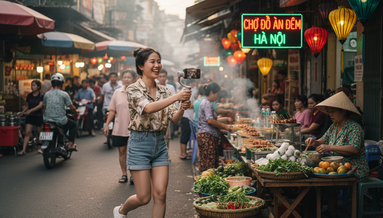 Image: A young, diverse content creator enthusiastically filming a bustling street food market in Hanoi, Vietnam, using a high-end smartphone mounted on a gimbal, capturing vibrant colors and lively interactions in a vertical format.