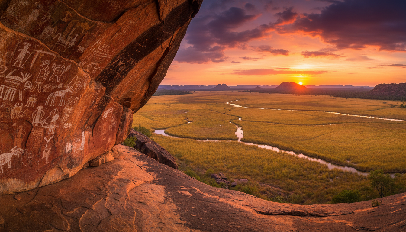 Image: A panoramic view of the Ubirr rock art site in Kakadu National Park at sunset, with intricate Aboriginal rock paintings visible on a large rock shelter, and a vast, golden floodplain stretching into the distance. The sky is a mix of orange and purple hues.