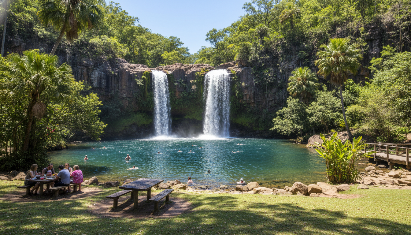 Image: A wide shot of Wangi Falls in Litchfield National Park, showing two powerful waterfalls cascading into a large, inviting turquoise swimming hole surrounded by lush green tropical vegetation. People are swimming and relaxing in the water, and picnic tables are visible in the foreground.