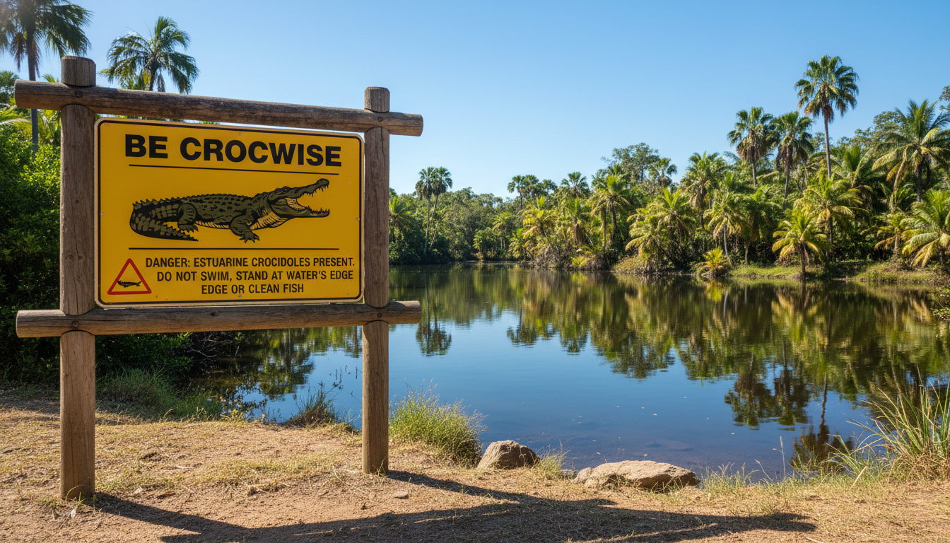 Image: A clear, prominent "Be Crocwise" safety sign in a tropical Australian landscape, featuring a bold graphic of a crocodile and text warning about crocodile danger. The sign is positioned near a calm, reflective billabong with lush green vegetation and palm trees in the background under a bright blue sky.