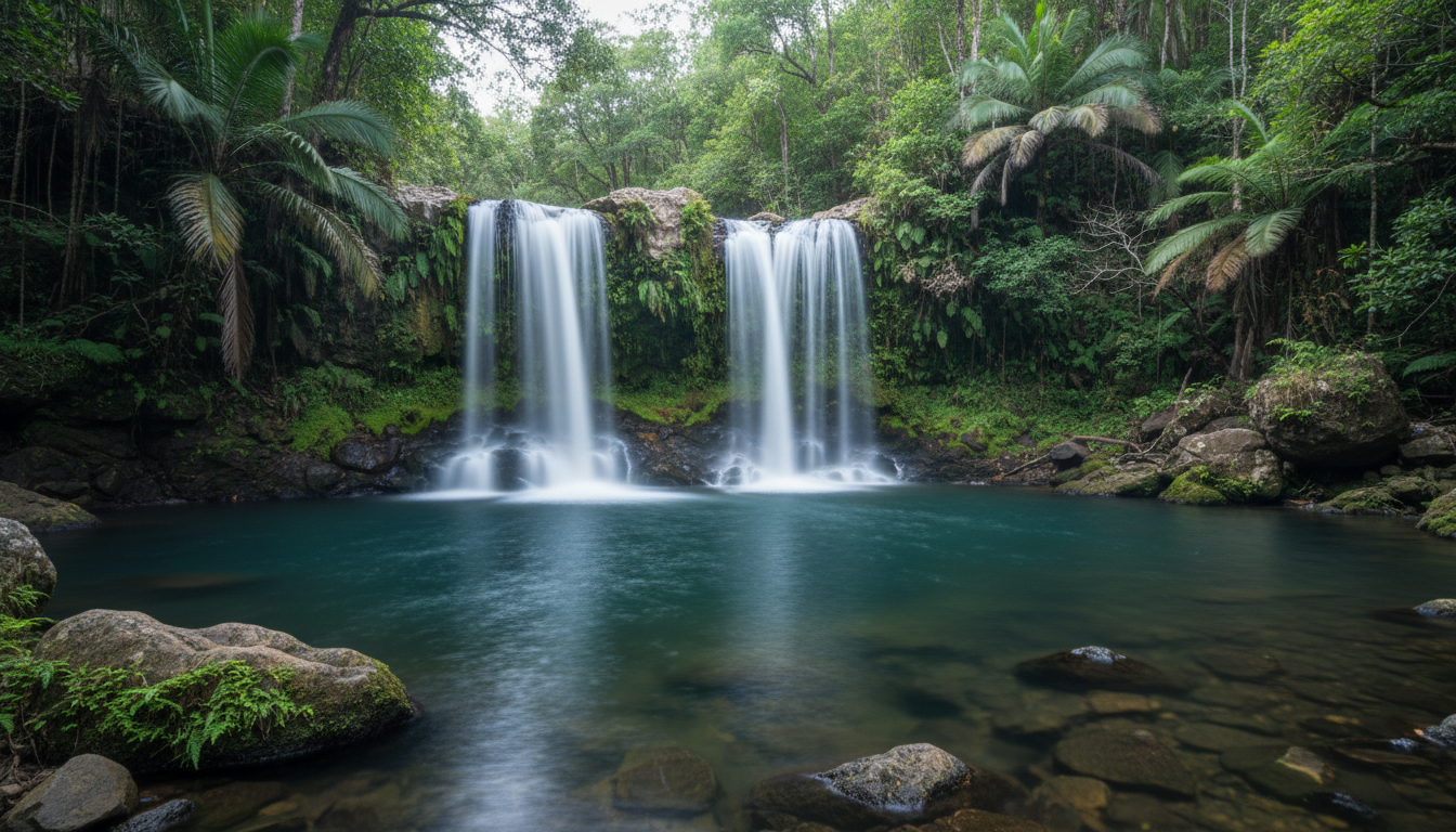 Image: A stunning long-exposure photograph of Florence Falls in Litchfield National Park, showing two gentle waterfalls cascading into a serene, clear blue plunge pool. The water has a silky, smooth appearance, and the surrounding monsoon forest is vibrant green under soft, diffused light.