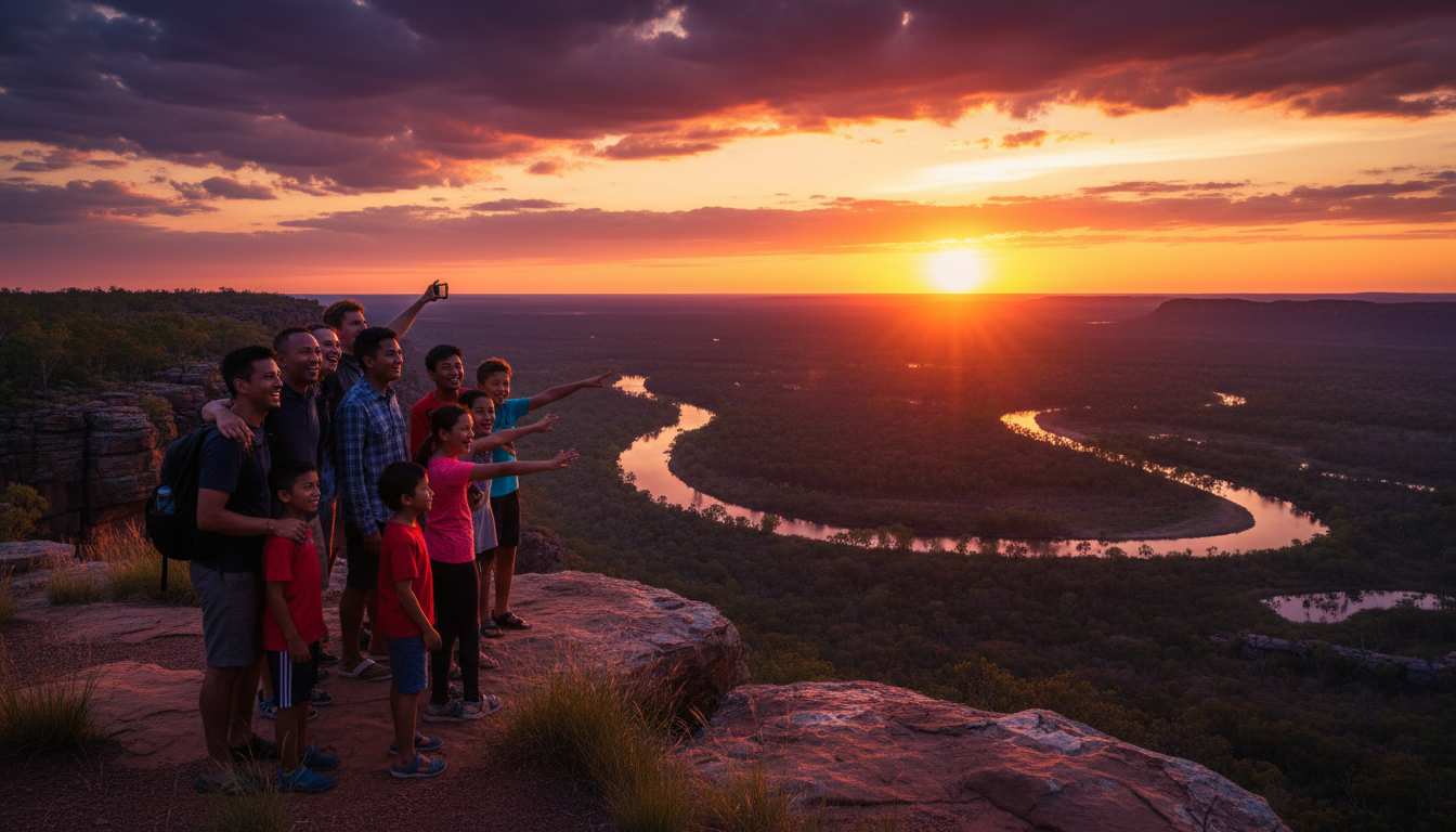 Image: A diverse group of friends and family, including Vietnamese-Australian individuals, gathered on a scenic overlook in the Top End, silhouetted against a vibrant orange and purple sunset over a vast, open landscape. They are smiling and gesturing towards the horizon, capturing the essence of shared discovery and experience.